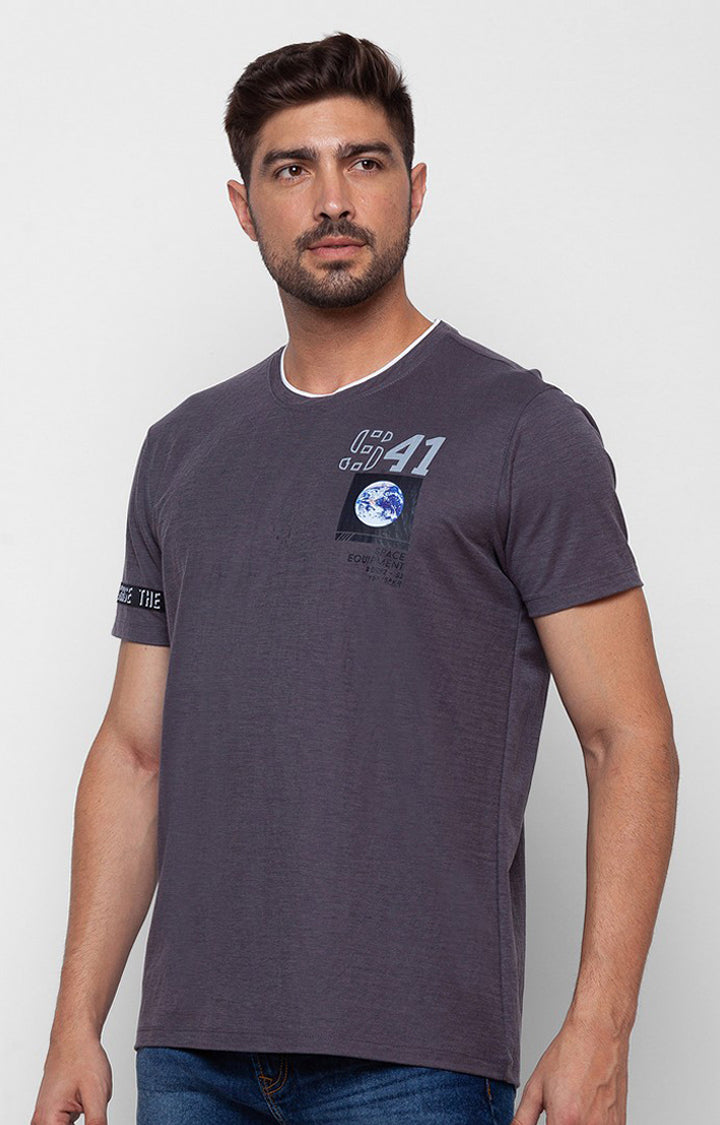 Spykar Charcoal Grey Cotton Half Sleeve Printed Casual T-shirt For Men