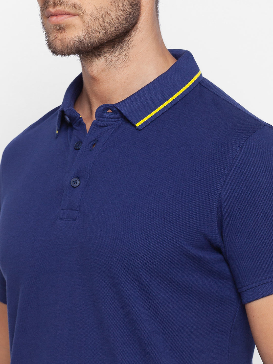 Spykar Men Blue Cotton Slim Fit Polo T-Shirt