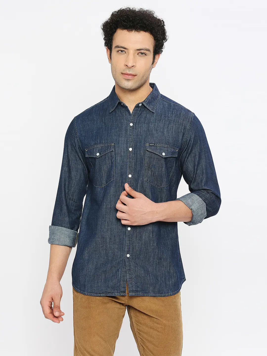 Spykar Men Dark Blue Cotton Slim Fit Full Sleeve Denim Shirt