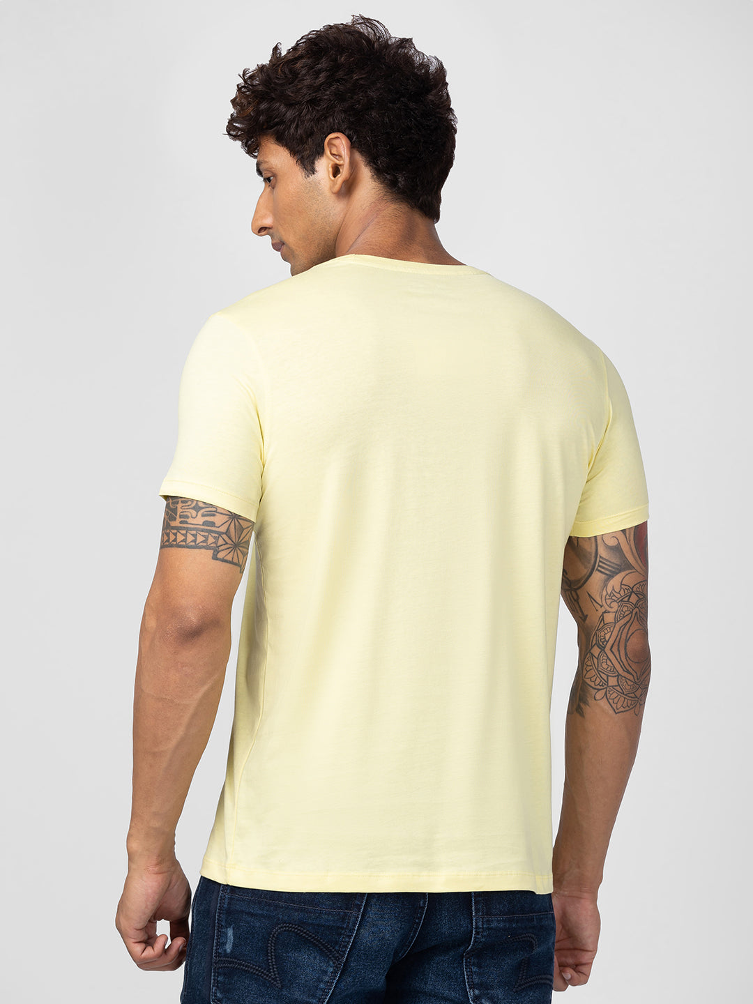 Spykar Men Powder Yellow Cotton Regular Fit Half Sleeve Printed T-Shirt