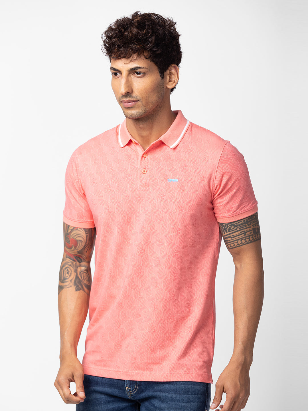 Spykar Men Peach Pink Cotton Regular Fit Half Sleeve Printed Polo T-Shirt