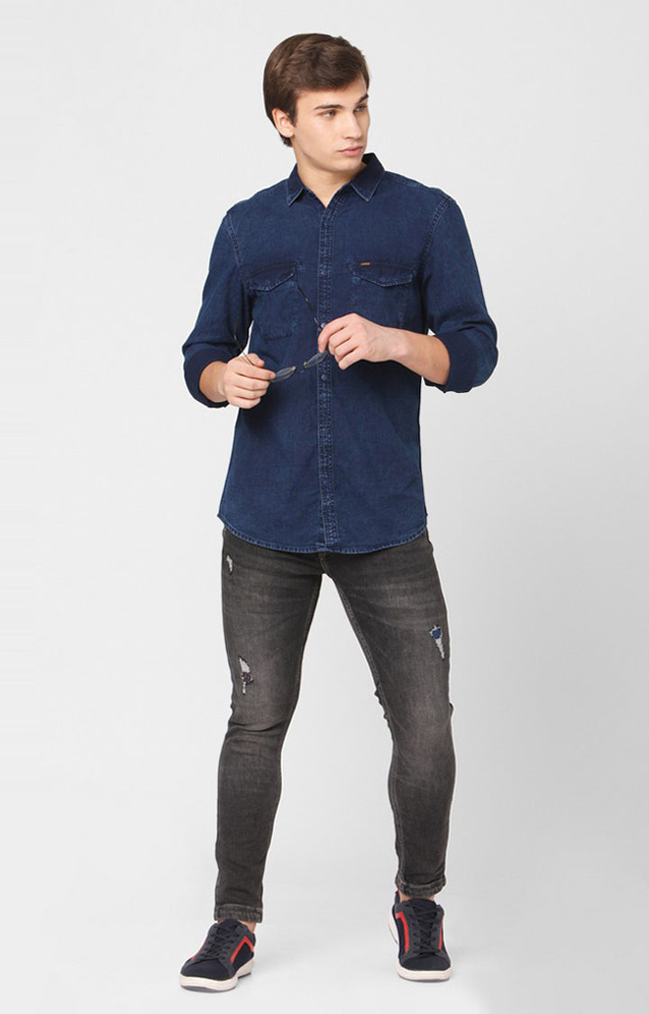 Spykar Men Dark Blue Cotton Slim Fit Denim Shirt