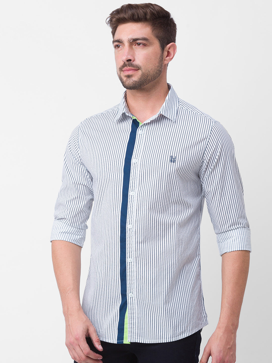 Spykar White Cotton Full Sleeve Stripes Shirt For Men