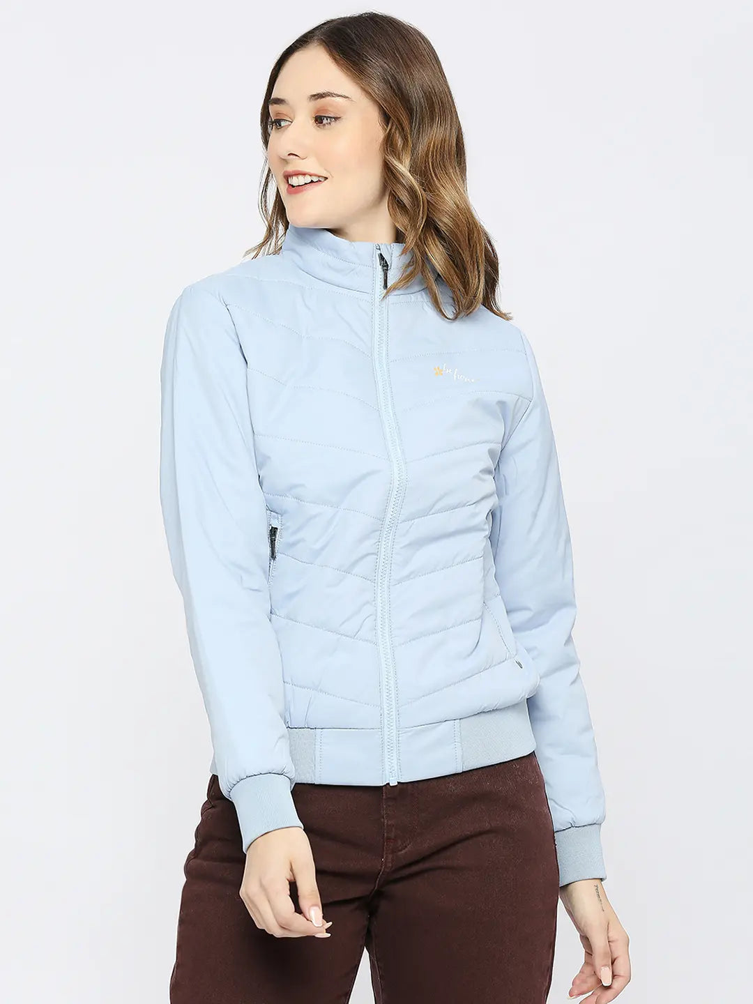 Spykar Women Sky Blue Nylon Regular Fit High Neck Plain Jacket