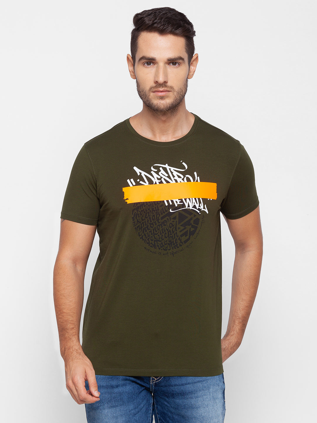 Spykar Men Green Cotton Slim Fit Round Neck T-Shirt