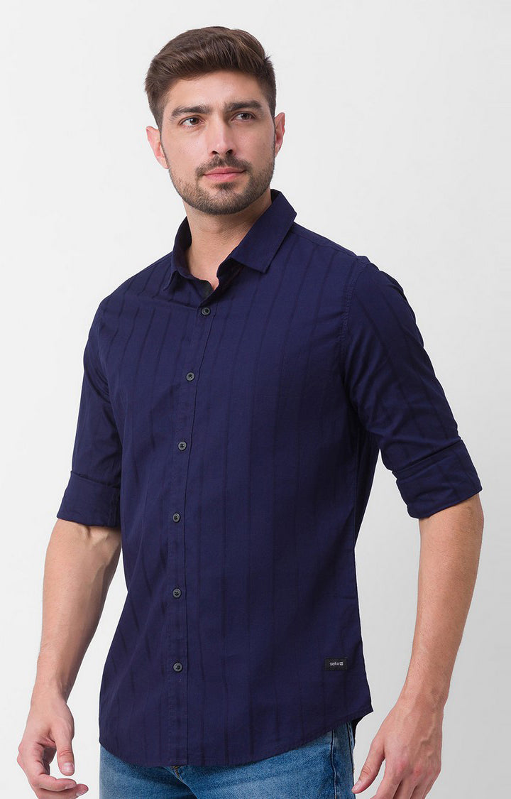 Spykar Ink Blue Cotton Full Sleeve Plain Shirt For Men