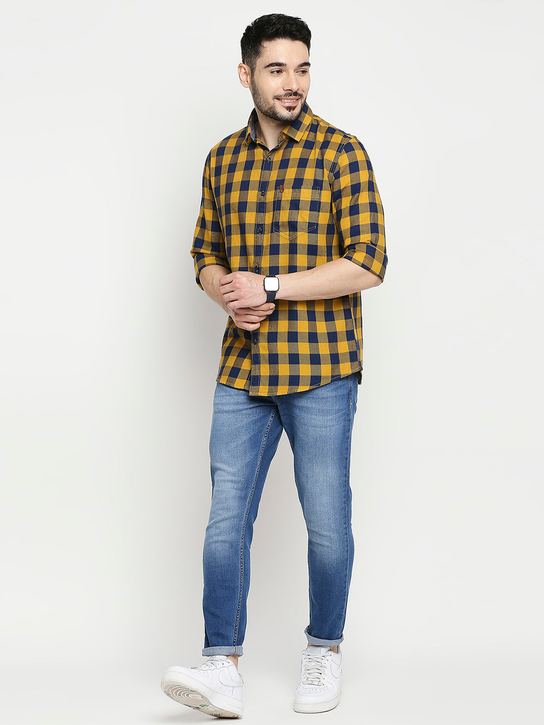 Spykar Camel Khaki Cotton Full Sleeve Checkered Shirt For Men