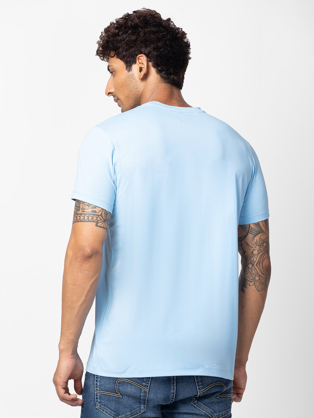 Spykar Men Powder Blue Cotton Regular Fit Half Sleeve Printed T-Shirt