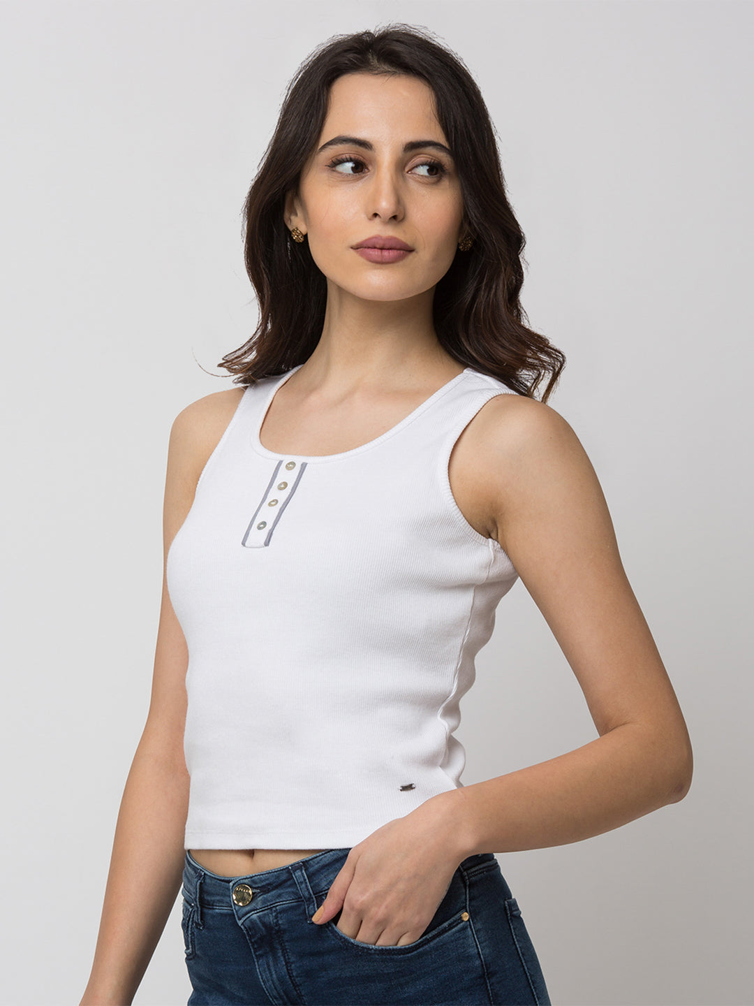 Spykar Women White Cotton Slim Fit Round Neck T-Shirt