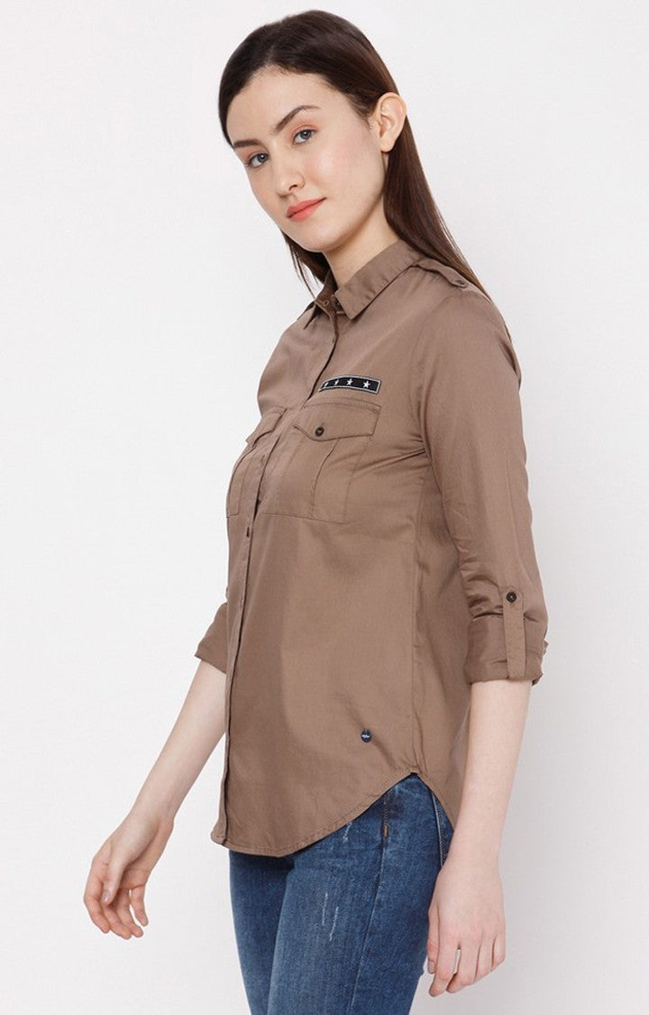 Spykar Brown Cotton Regular Fit Shirts For Women