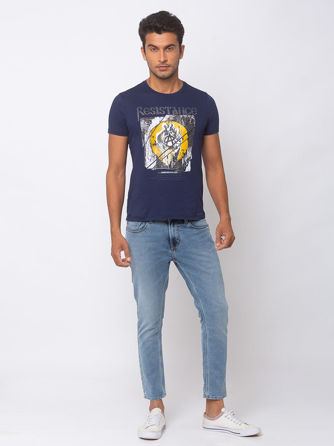 Spykar Men Blue Cotton Slim Fit Round Neck T-Shirt