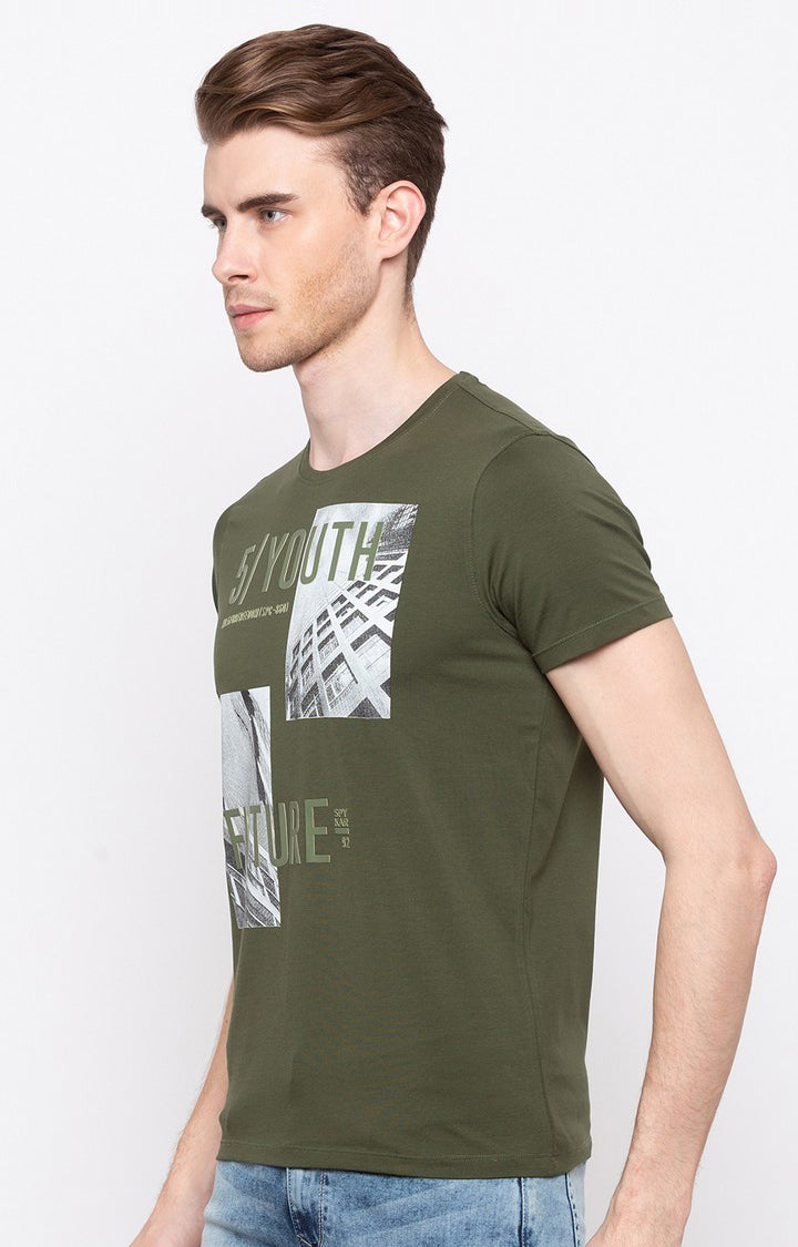 Spykar Olive Printed Slim Fit Men T-Shirts