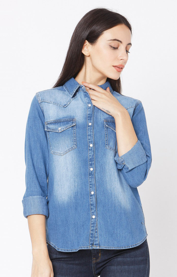 Spykar Slim Fit Denim Blue Cotton Women Shirt