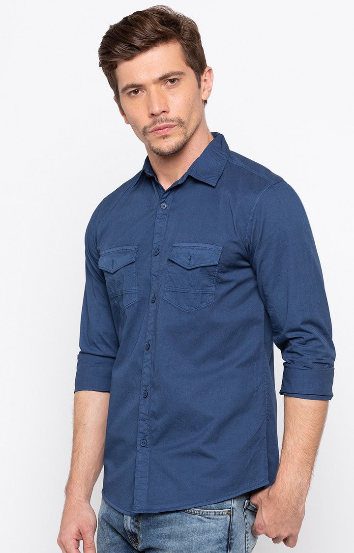 Spykar Men'S Blue Cotton Solid Casual Shirts