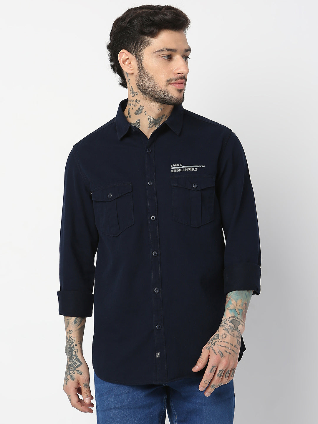 Spykar Men Navy Blue Cotton Slim Fit Plain Shirts