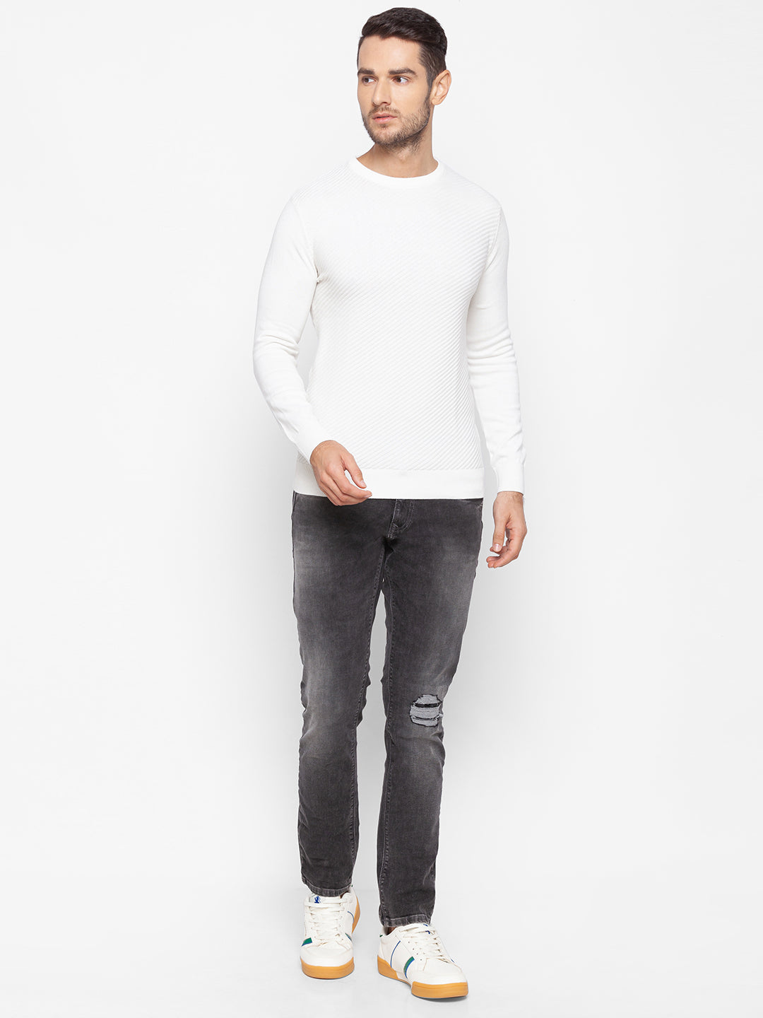 Spykar White Cotton Men Sweater