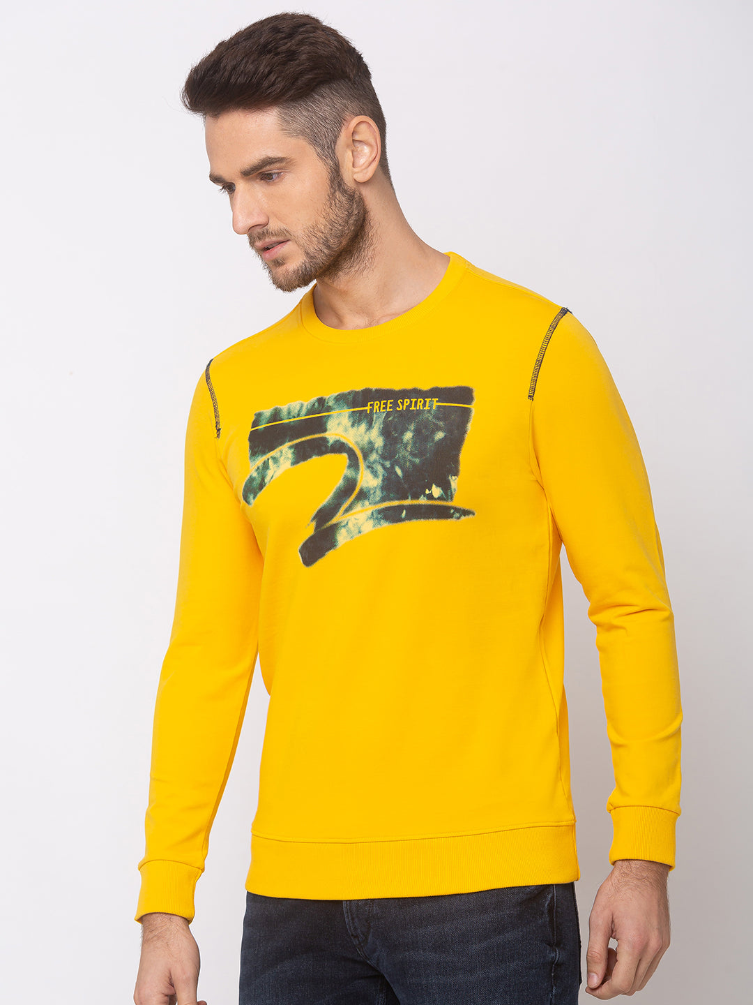 Spykar Chrome Yellow Cotton Slim Fit Sweatshirt For Men