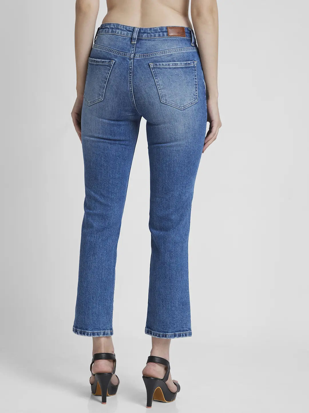 Spykar Women Mid Blue Lycra Slim Straight Fit Ankle Length Slash Knee Jeans -(Emma)