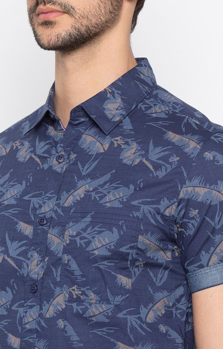 Spykar Men Navy Blue Cotton Slim Fit Floral Print Shirt