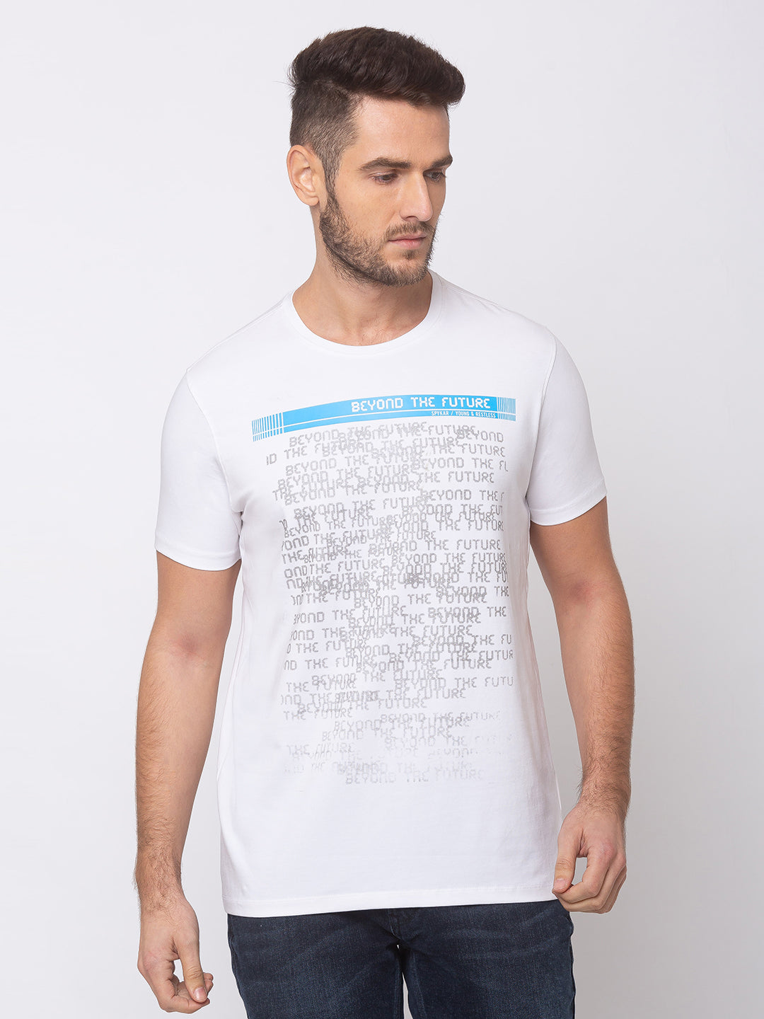 Spykar Men White Cotton Slim Fit Round Neck T-Shirt