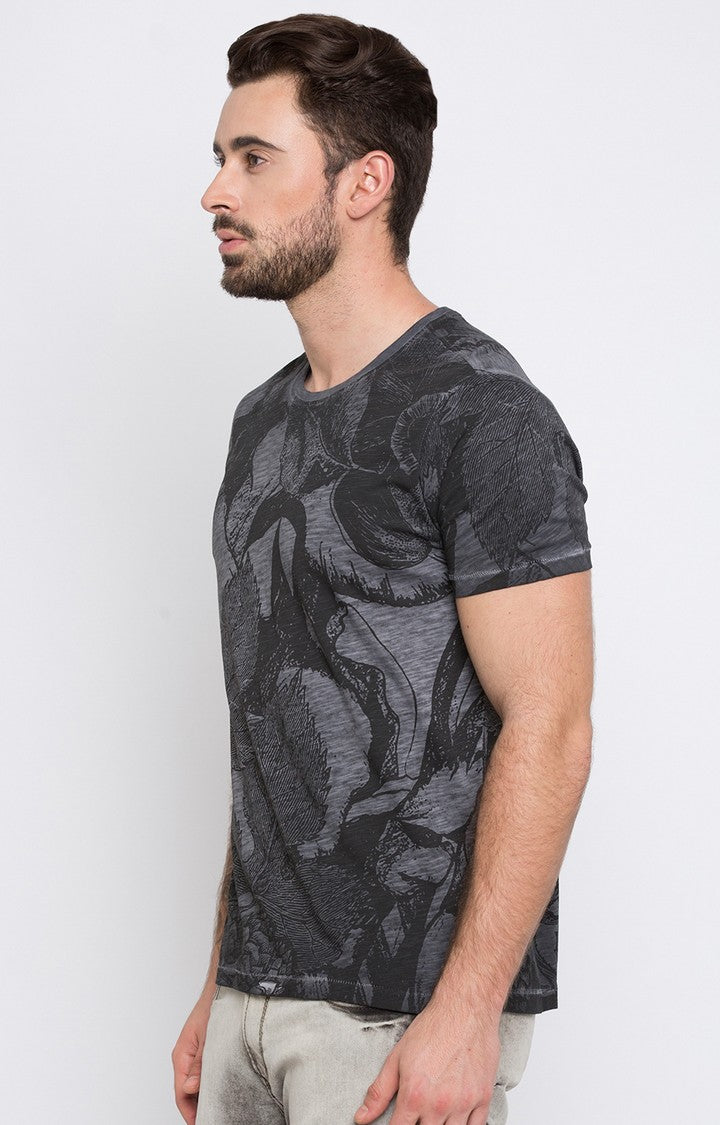 Spykar Grey Printed Slim Fit Men T-Shirts