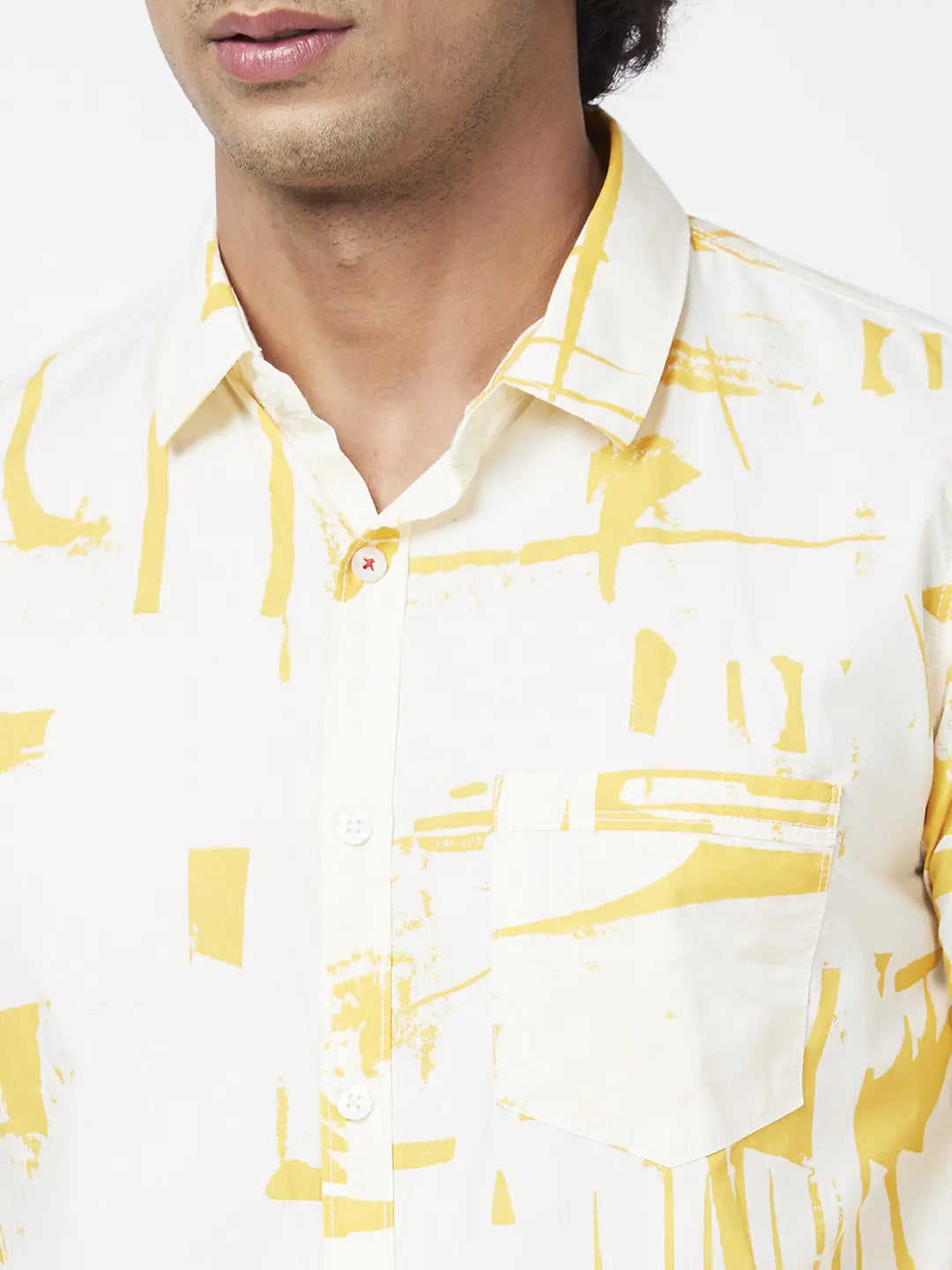 Spykar Men Amber Yellow Poplin Regular Slim Fit Full Sleeve Causal Printed Shirt