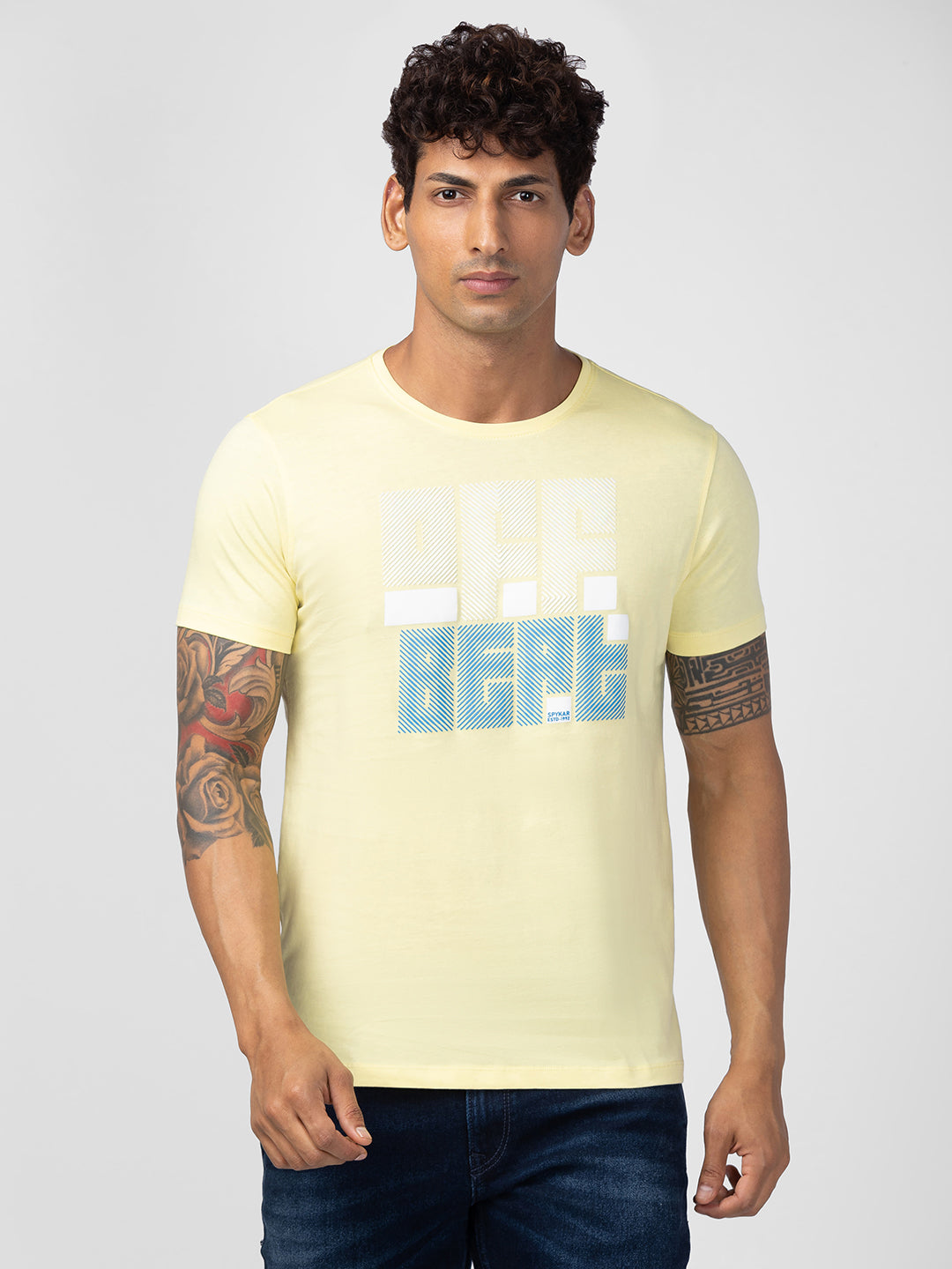 Spykar Men Powder Yellow Cotton Regular Fit Half Sleeve Printed T-Shirt