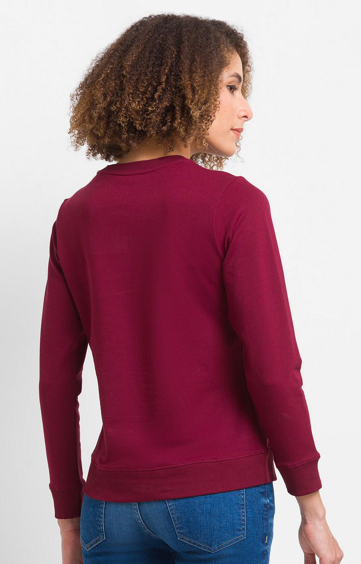 Spykar Wine Cotton Blend Full Sleeve Round Neck Sweatshirts For Women