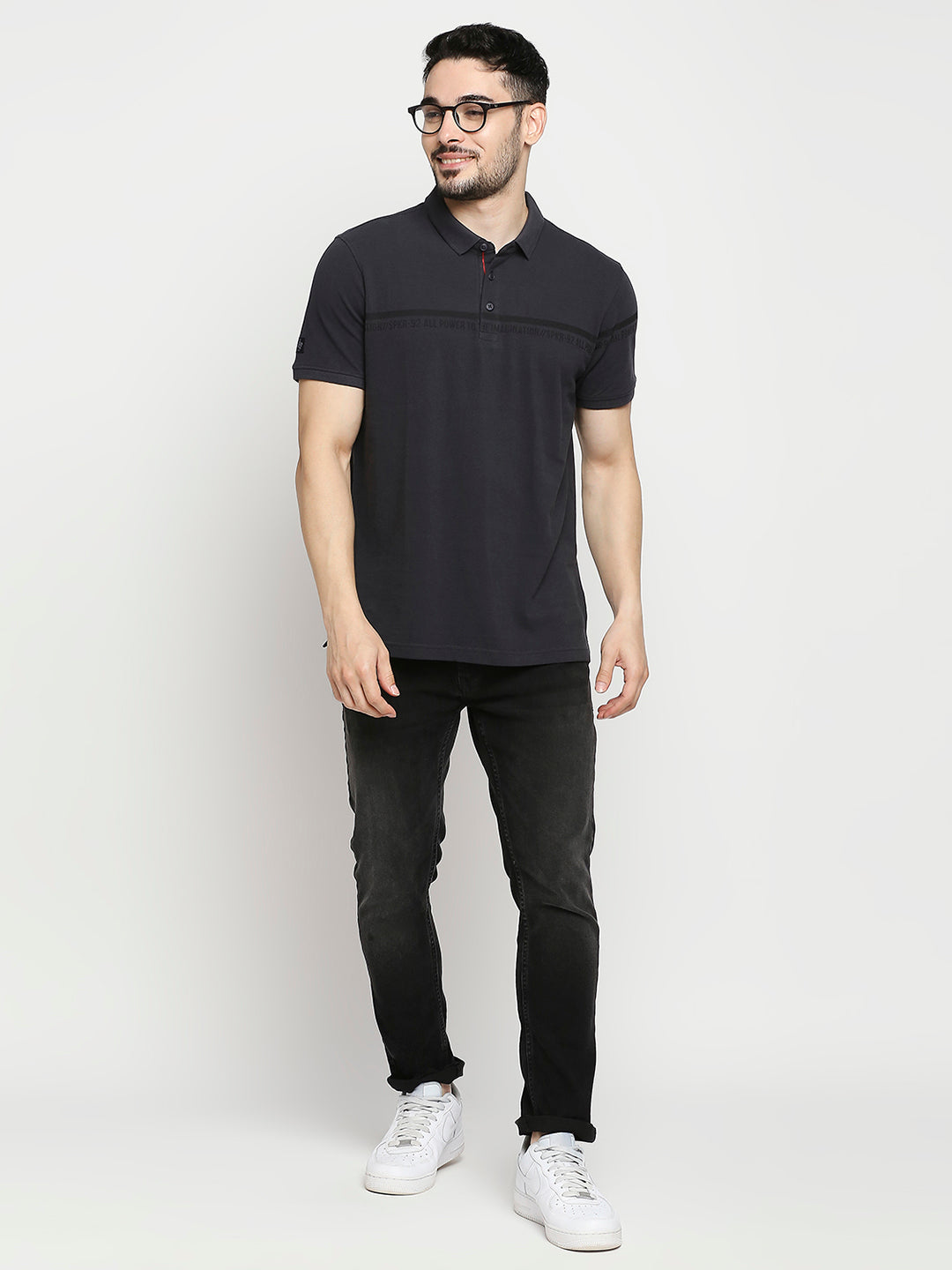 Spykar Slate Grey Cotton Half Sleeve Printed Polo T-Shirts for Men