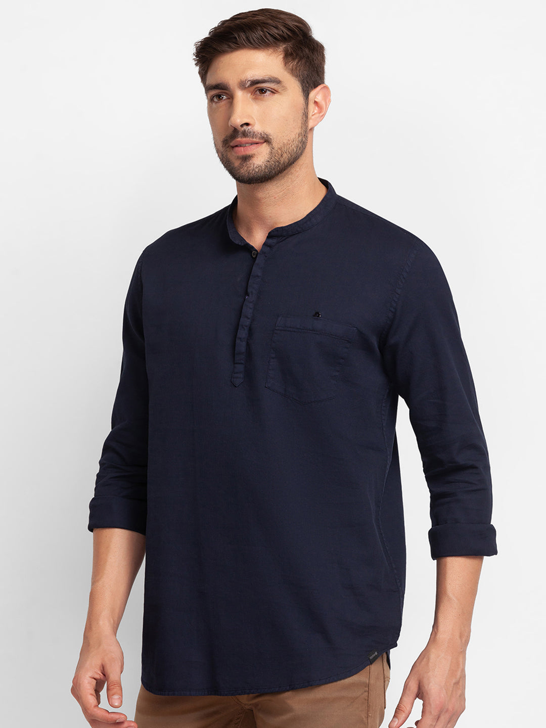 Spykar Navy Blue Cotton Full Sleeve Plain Shirt Kurta For Men