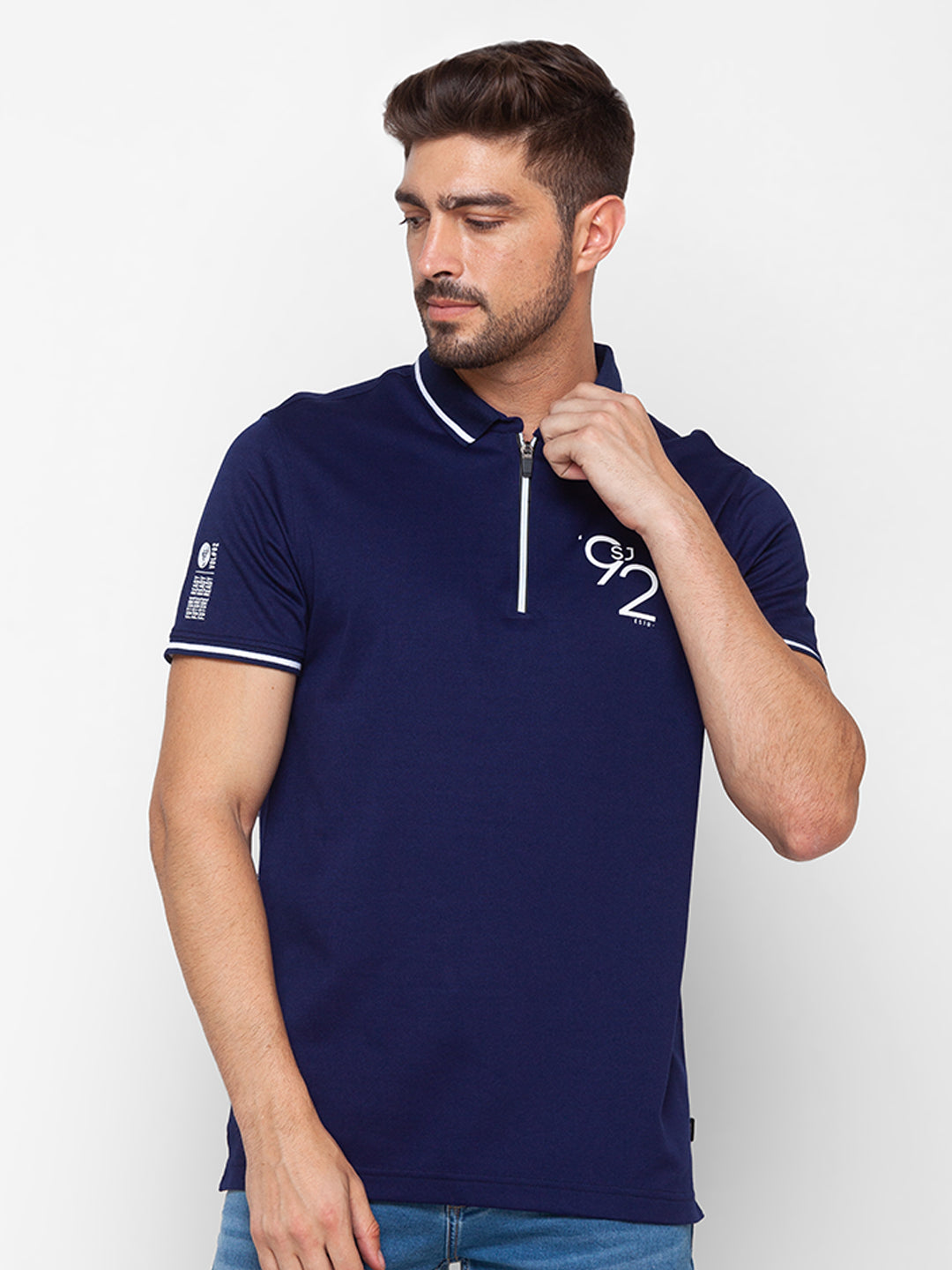 Spykar Navy Blue Cotton Half Sleeve Plain Casual Polo T-Shirt For Men