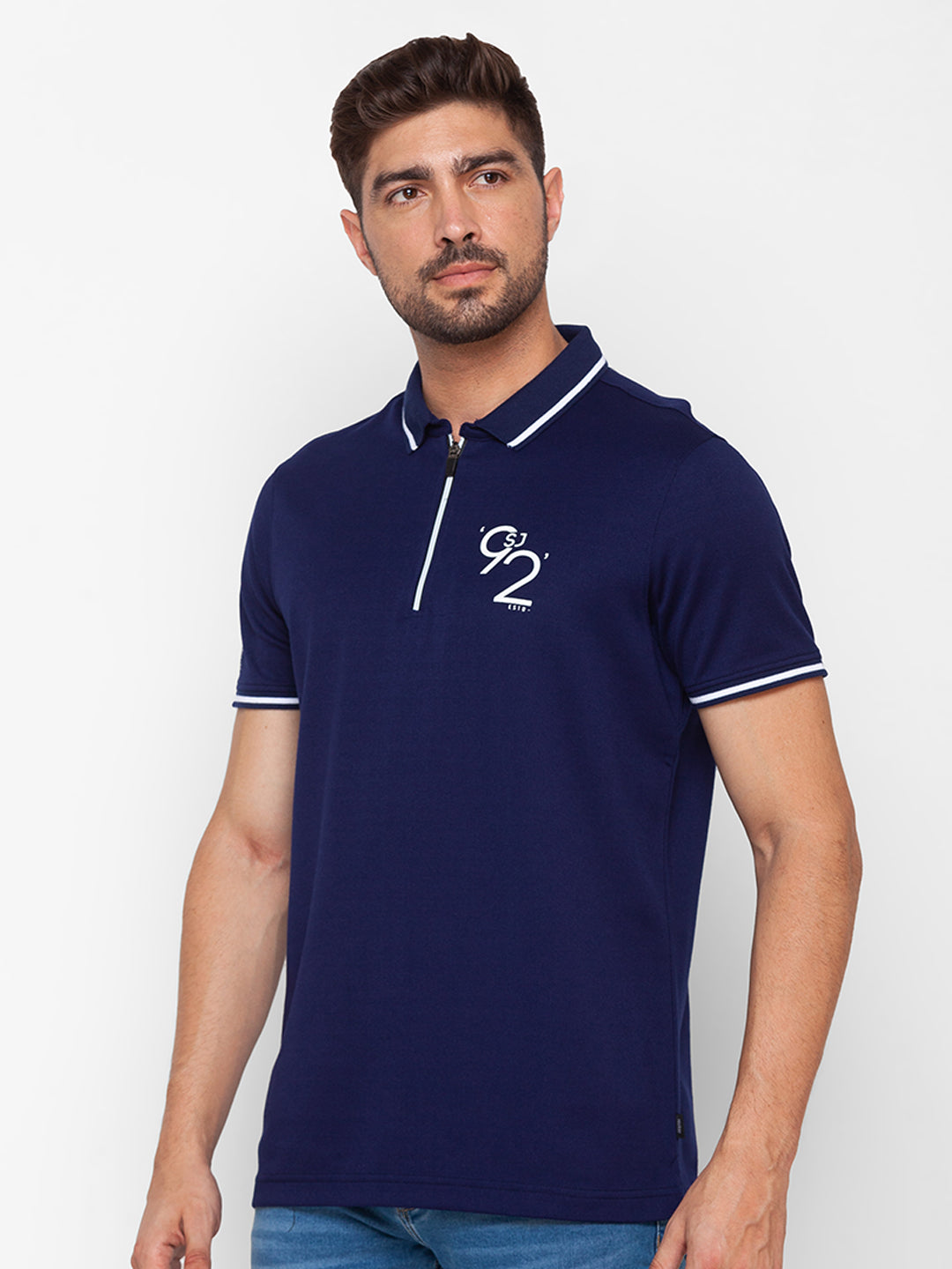 Spykar Navy Blue Cotton Half Sleeve Plain Casual Polo T-Shirt For Men