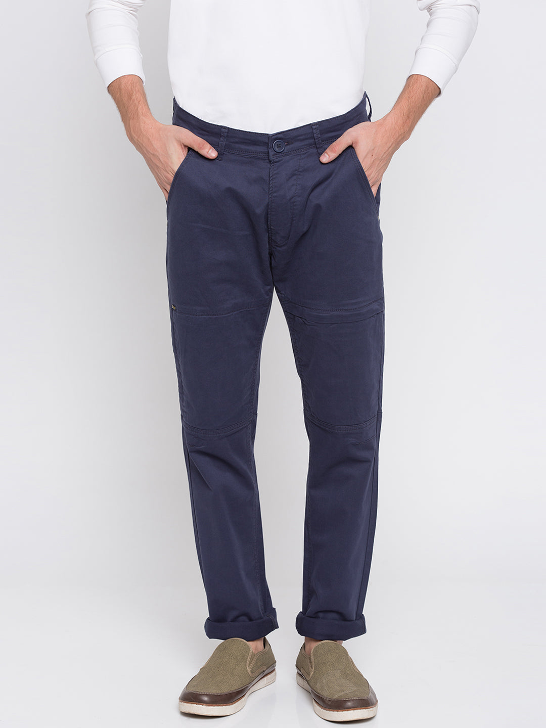 Spykar Men Blue Cotton Slim Fit Casual Trousers