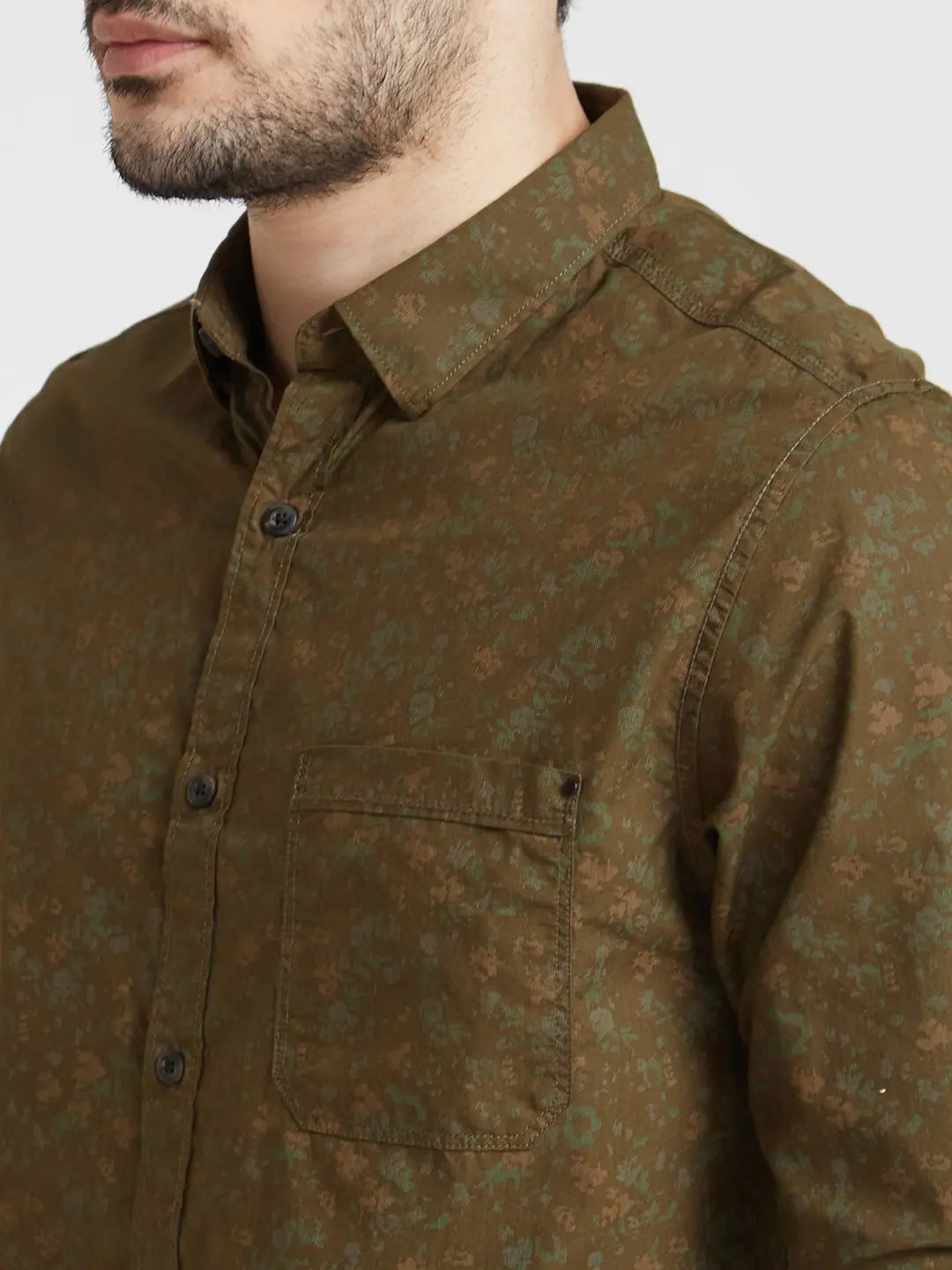 Spykar Men Military Green Poplin Slim Fit Full Sleeve Printed Shirt