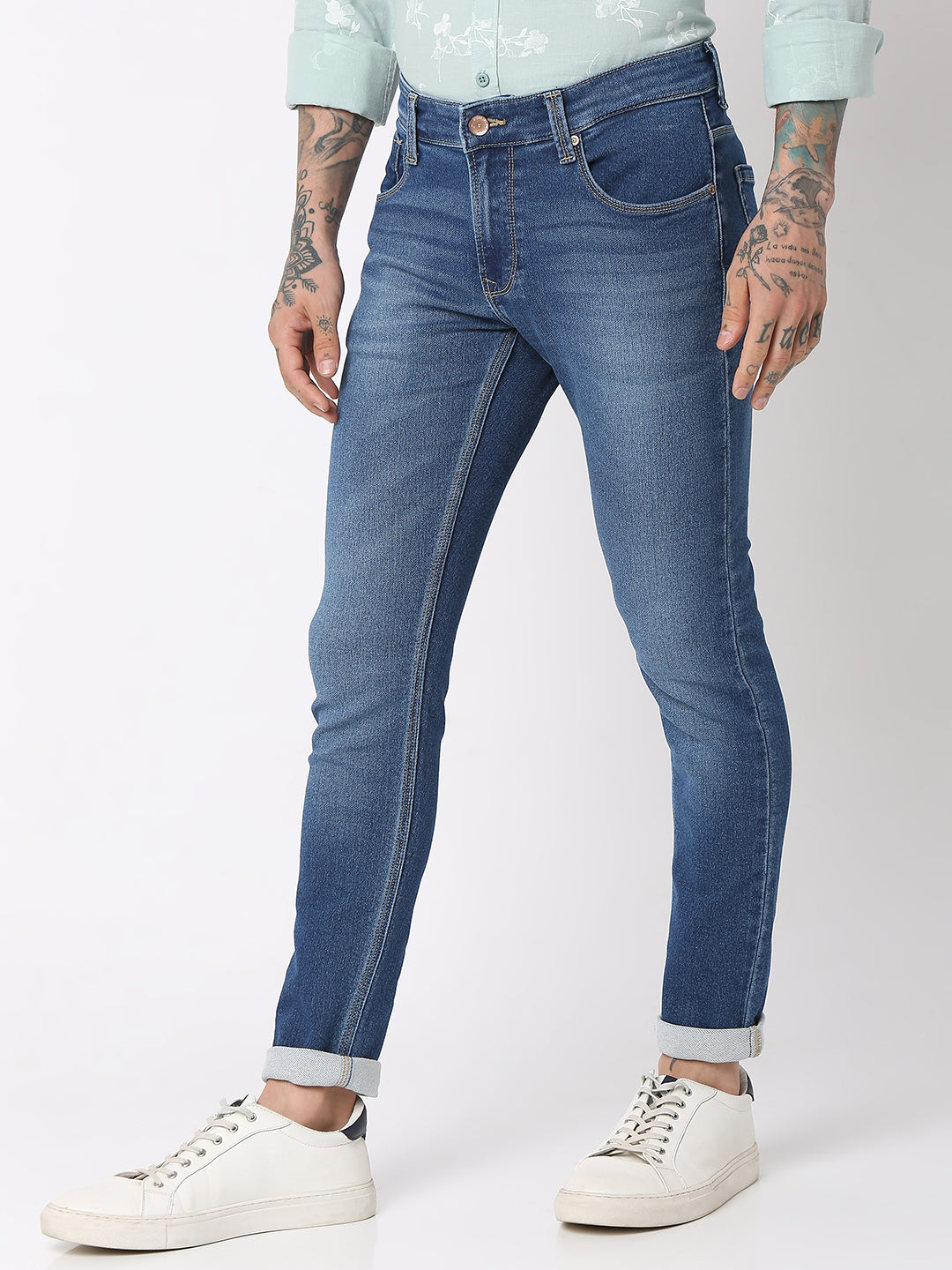 Spykar Men Mid Blue Cotton Super Slim Fit Tapered Length Jeans (Super Skinny)