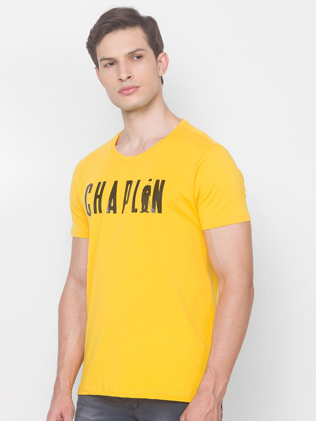 Charlie Chaplin Spykar Men Yellow Cotton Slim Fit Round Neck T-Shirt