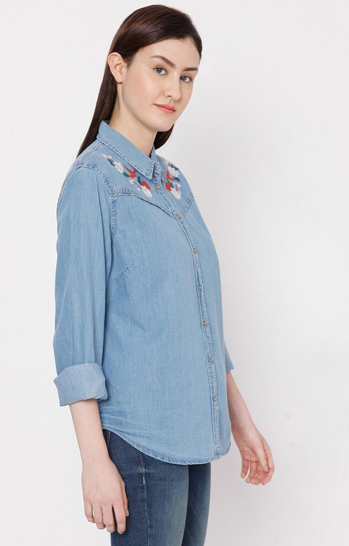 Spykar Women Mid Blue Cotton Regular Fit Denim Shirt