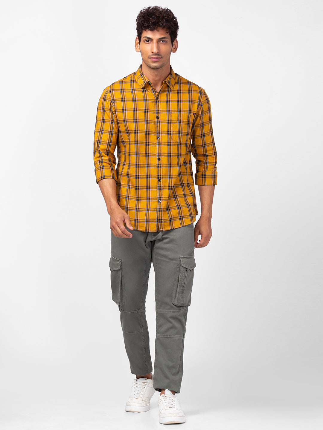 Spykar Men Golden Khaki Cotton Regular Fit Checkered Shirts