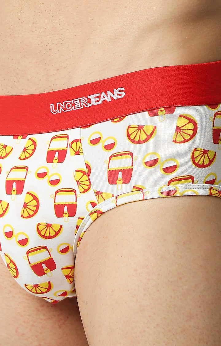 Men Premium Red Cotton Blend Printed Brief- Underjeans By Spykar