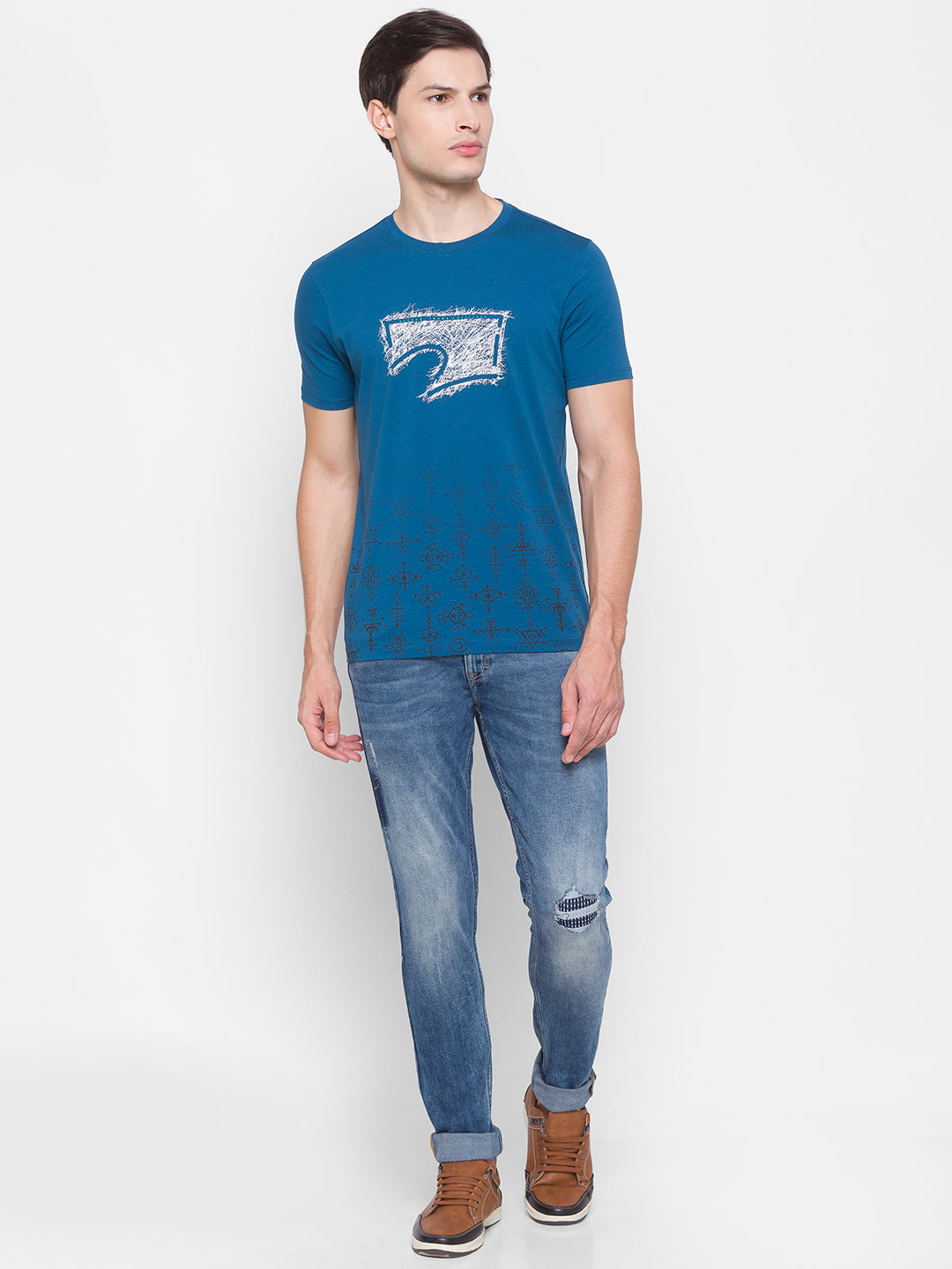 Spykar Blue Cotton Men T-Shirt