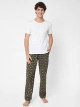 Men Premium Olive Cotton Printed Pyjama- Underjeans By Spykar