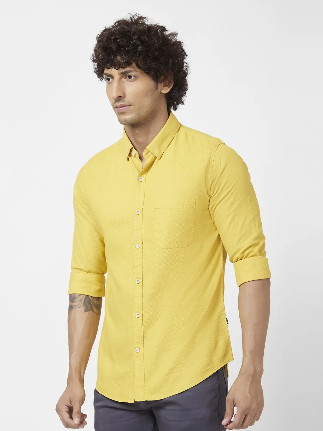 Spykar Men Sulphur Yellow Cotton Slim Fit Full Sleeve Plain Shirt
