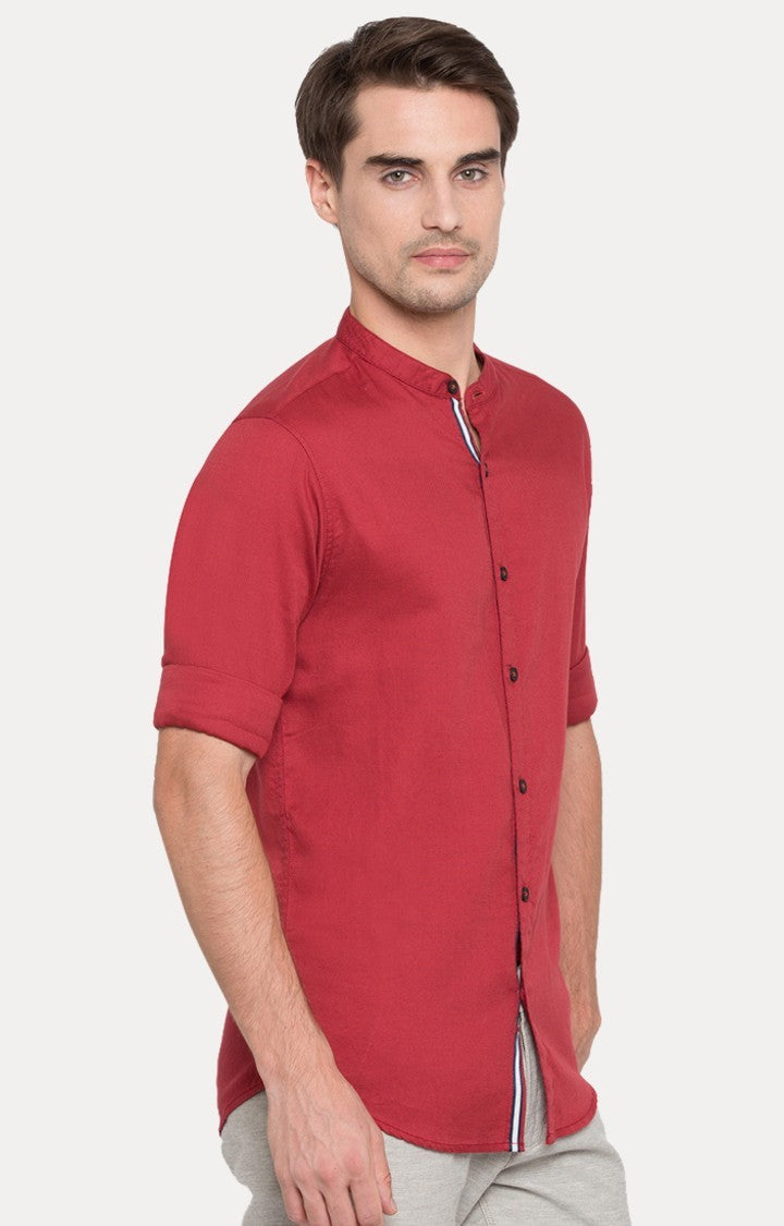 Spykar Men Maroon Slim Fit Full Sleeve M and arin Collar Shirt