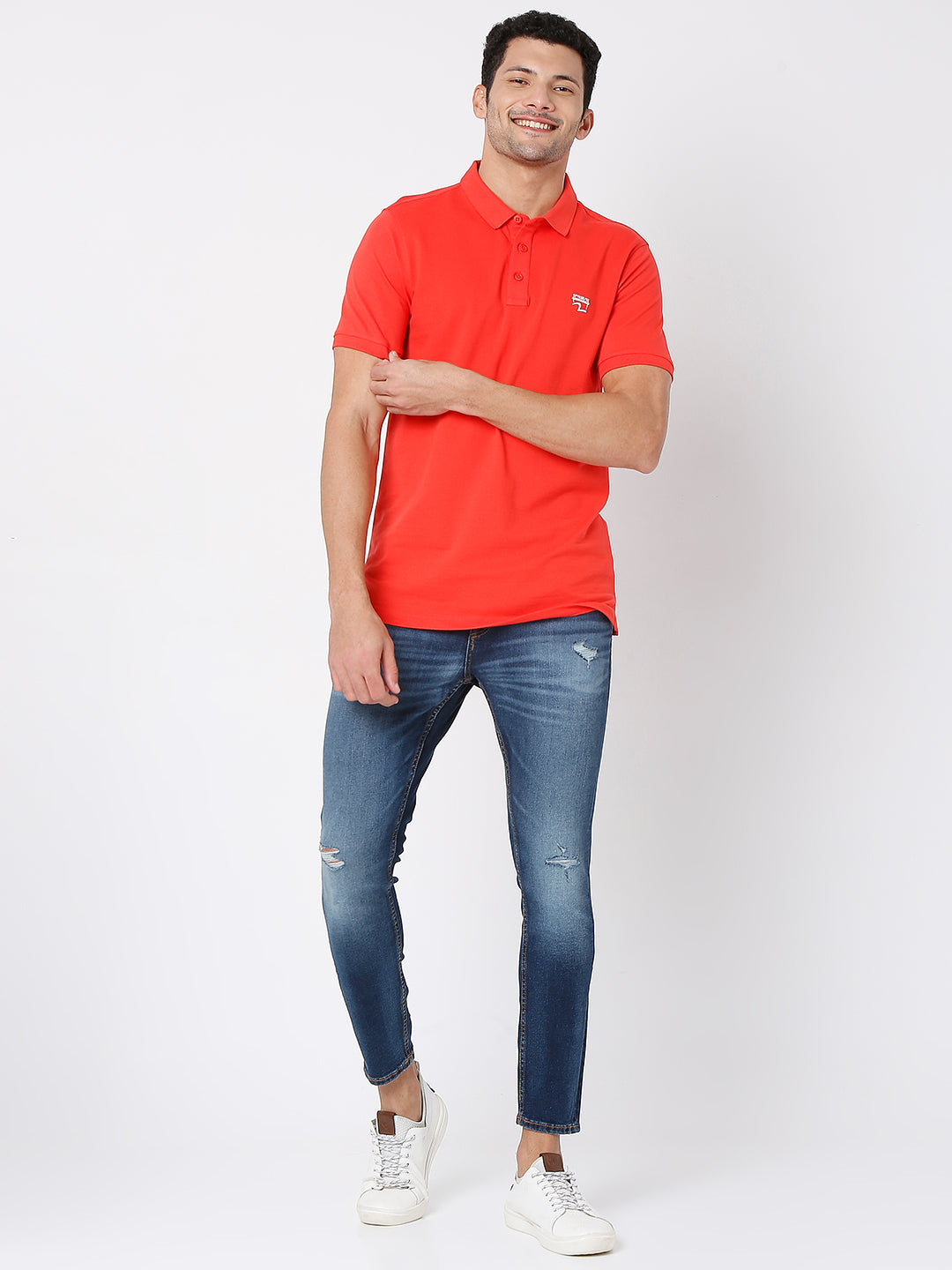 Spykar Men Deep Coral Cotton Half Sleeve Plain Casual Polo Tshirt