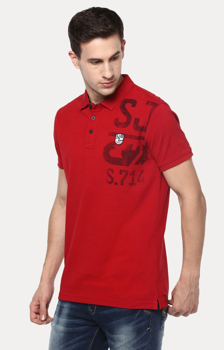 Spykar Red Solid Slim Fit Polo T-Shirt