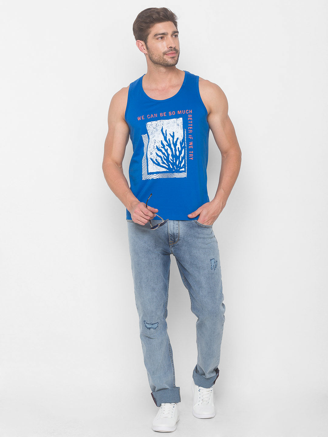 Spykar Men Blue Cotton Slim Fit Round Neck Sleeveless Vest