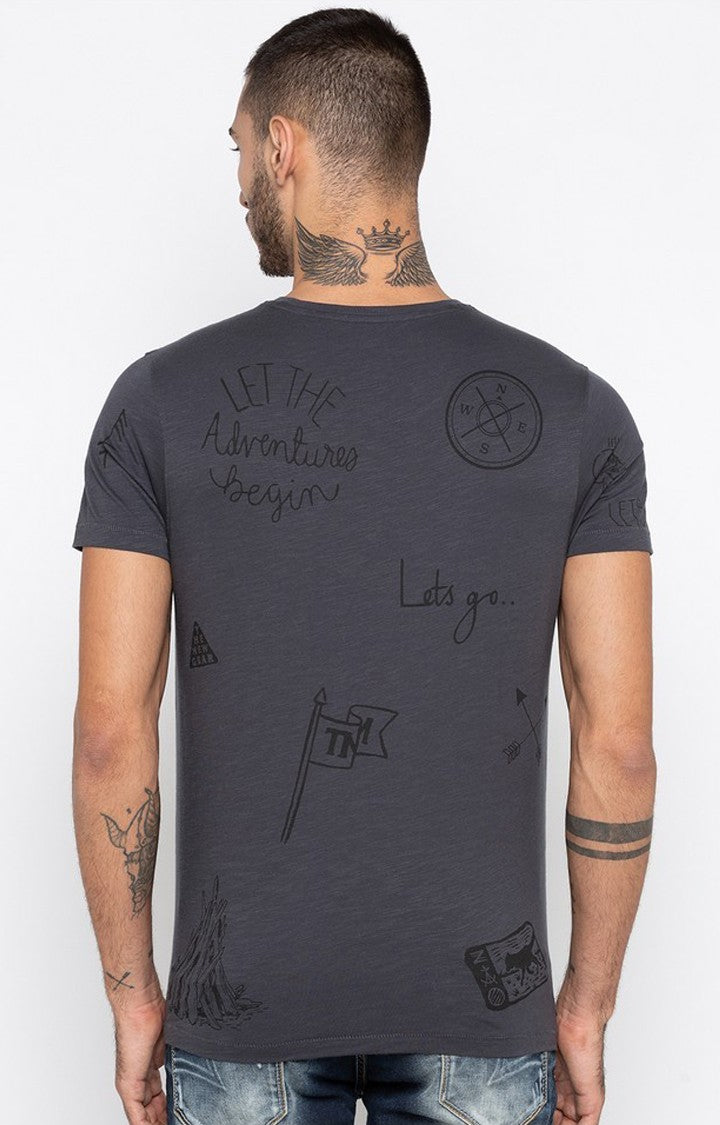 Spykar Dark Grey Printed Slim Fit Men T-Shirts