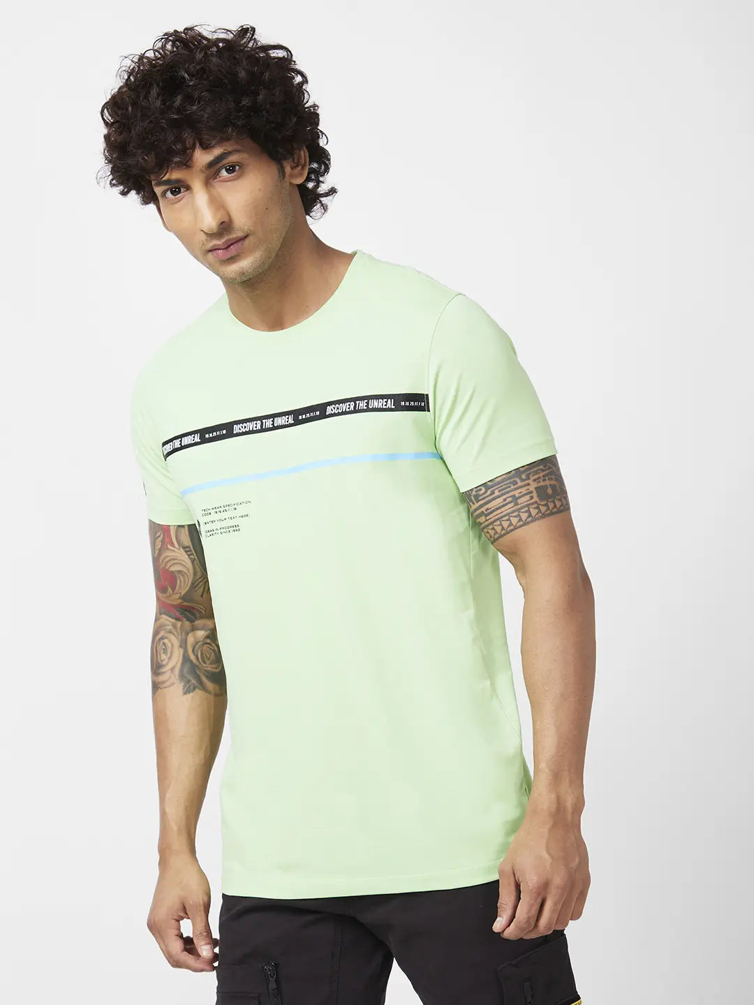 Spykar Men Mint Green Blended Slim Fit Half Sleeve Round Neck Printed Tshirt