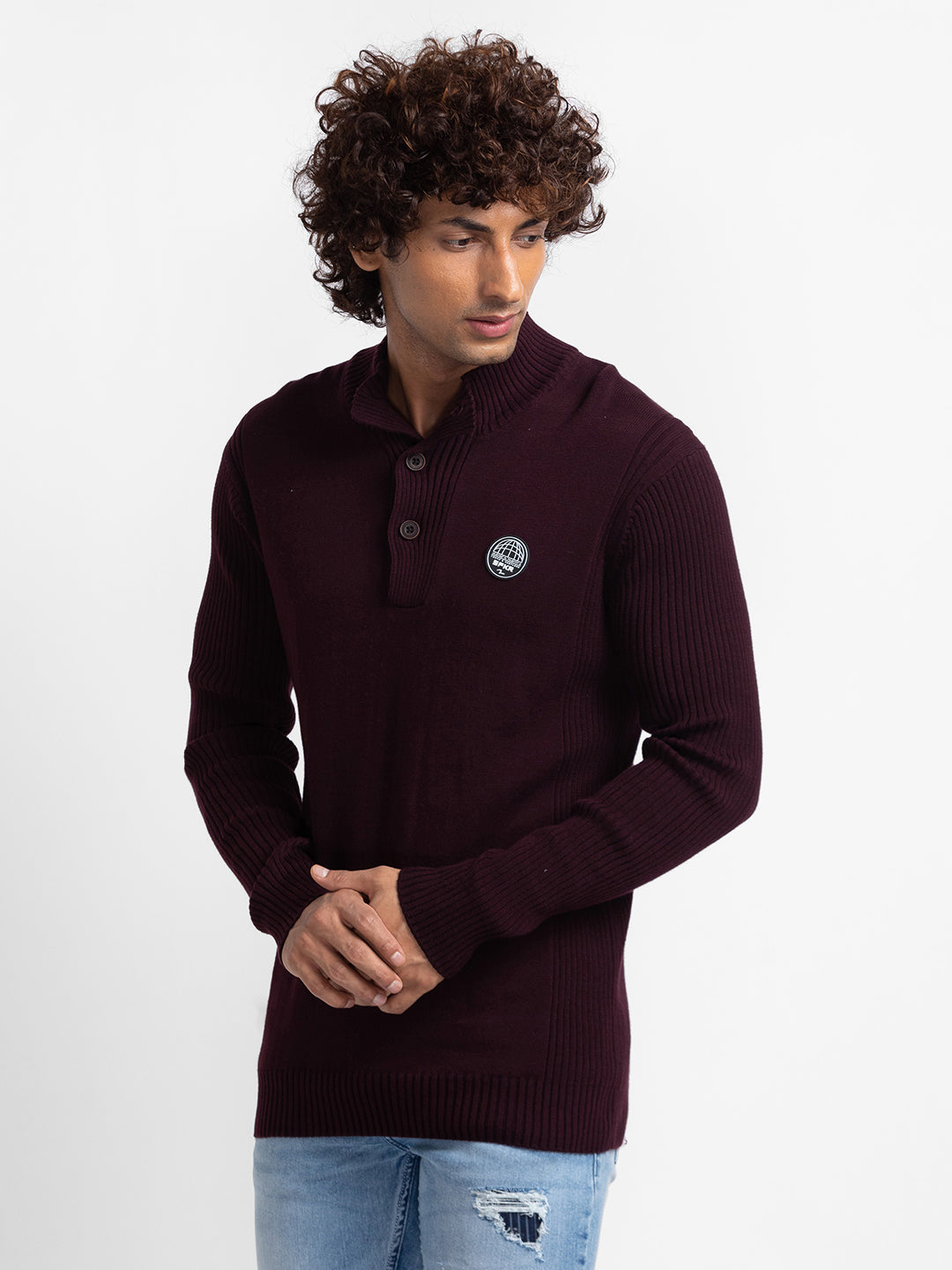 Buy Spykar Wine Cotton Full Sleeve Casual Sweater For Men Online