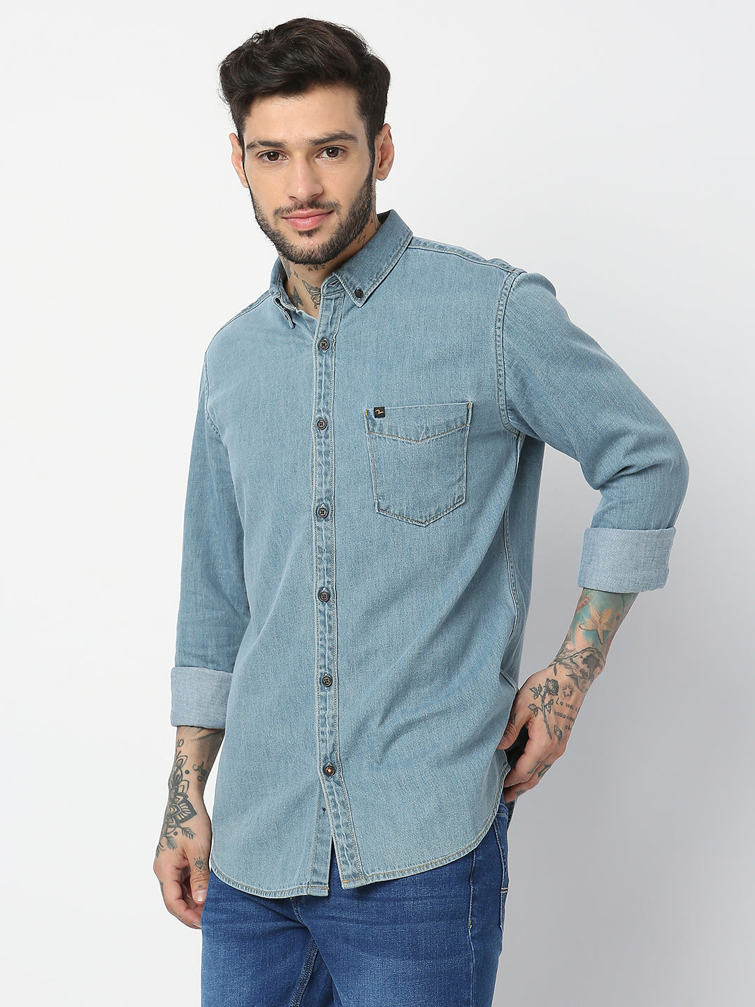 Spykar Men Light Blue Cotton Slim Fit Denim Shirts